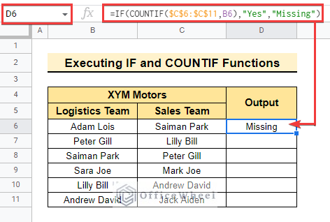 Completing this functions to find missing values between two columns in google sheets