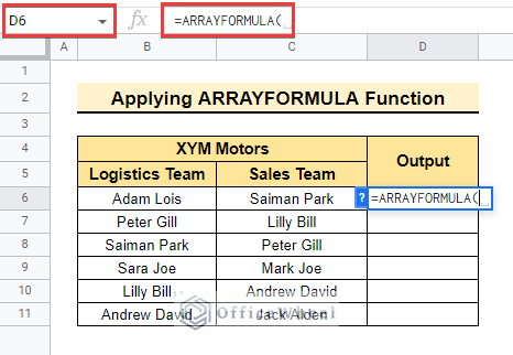 Entering ARRAYFORMULA function to find missing values between two columns in google sheets