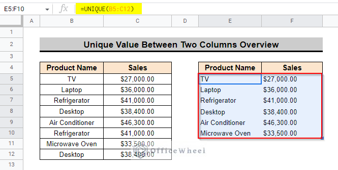 overview of google sheets find unique values between 2 columns