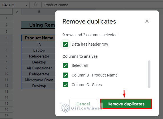 insert remove duplicates in google sheets