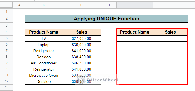 create new table for google sheets find unique values between 2 columns