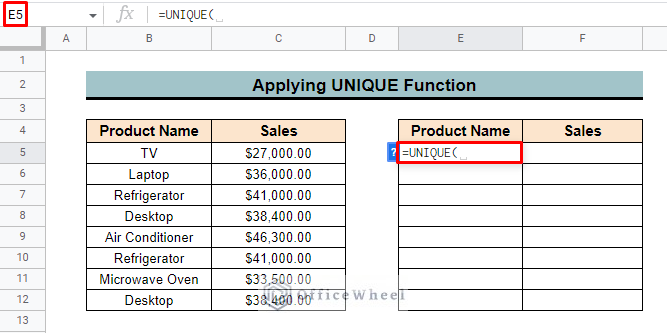 insert unique function in google sheets