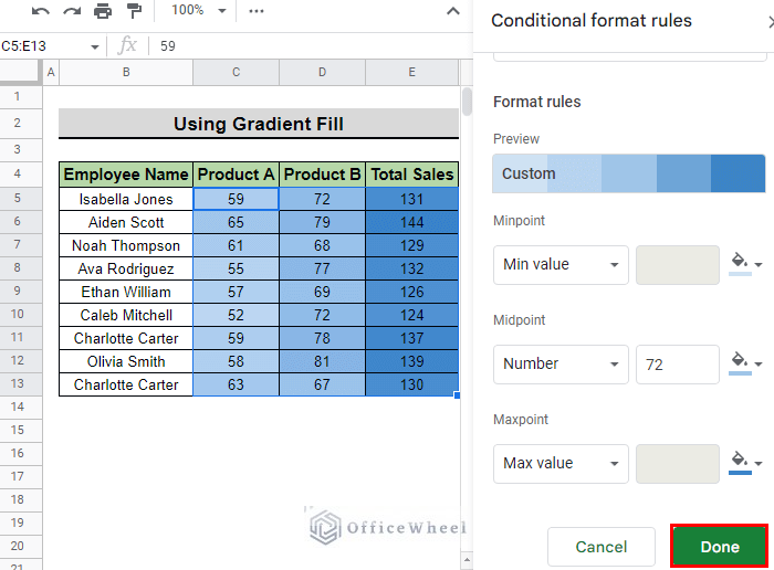 press done to apply gradient fill in google sheets