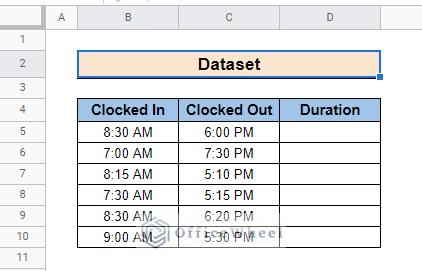 dataset of google sheets hours between two times