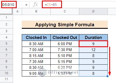 final output of google sheets hours between two times