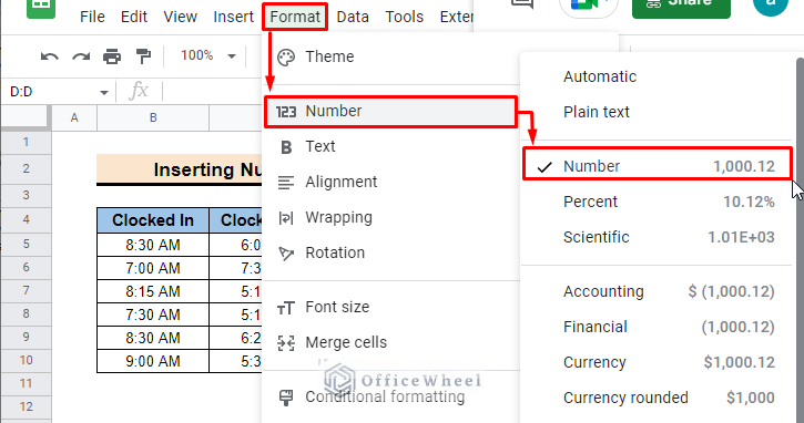 select number format in google sheets