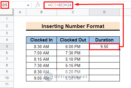 output of google sheets hours between two times