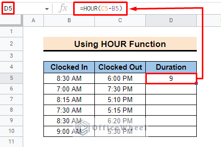 outcome of google sheets hours between two times
