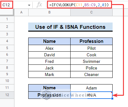 Utilizing ISNA Function for google sheets if vlookup not found
