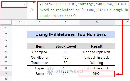 overview image for ifs between two numbers in google sheets
