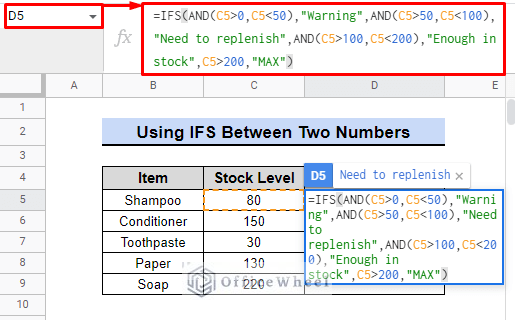 How to Use IFS Between Two Numbers in Google Sheets