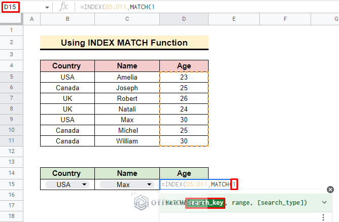 insert fixed search key for index match function