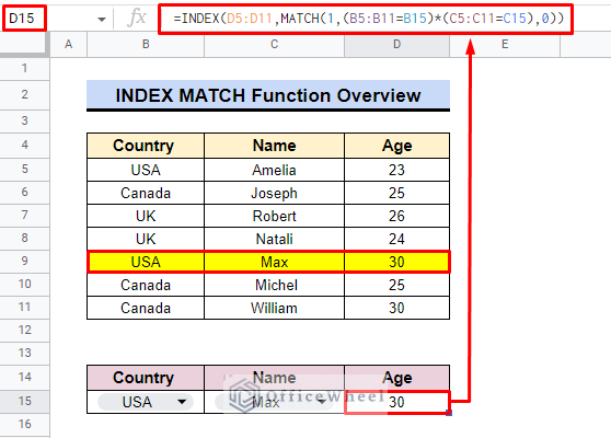 overview of index match function multiple columns in google sheets