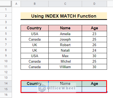 create new table for index match function in google sheets