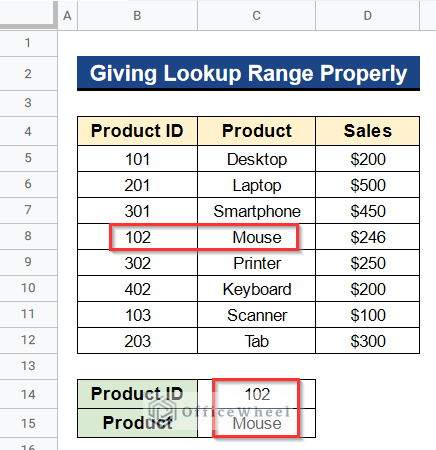 Output after Giving Lookup Range Properly When INDEX MATCH Is Not Working in Google Sheets