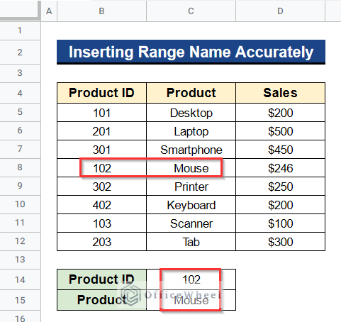 Output after Inserting Range Name Accurately When INDEX MATCH Is Not Working in Google Sheets