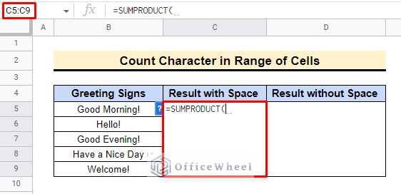 apply sumproduct function in google sheets