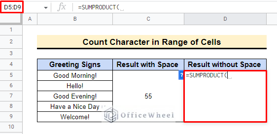 insert sumproduct function in google sheets