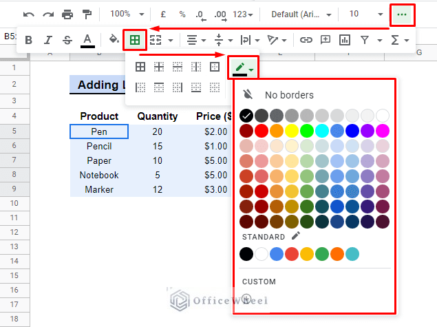 border colour feature for customization in google sheets