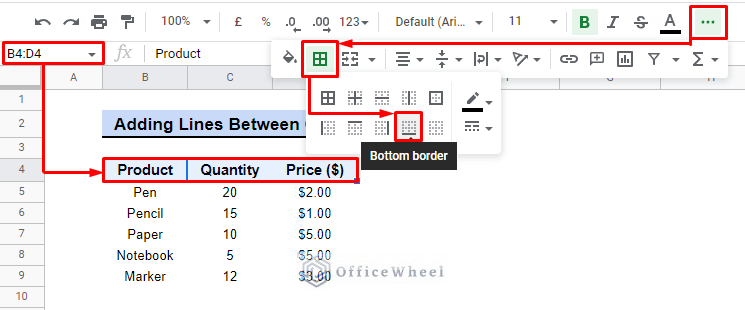 how to navigate borders option from toolbar