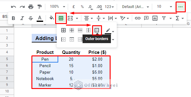 where to find outer border in google sheets