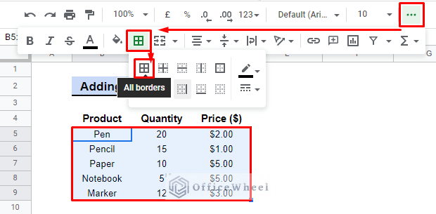 all border feature of google sheets