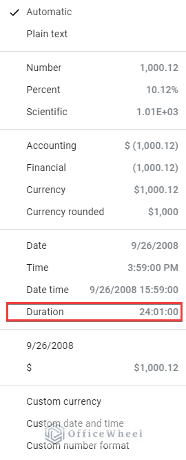 Selecting Duration number format