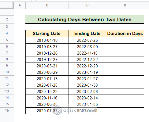 Dataset of calculating days between dates using the MINUS function