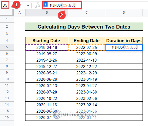 Inserting formula in the selected cell D5 to calculate days