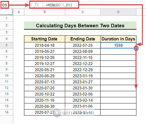 Calculated days in the selected cell