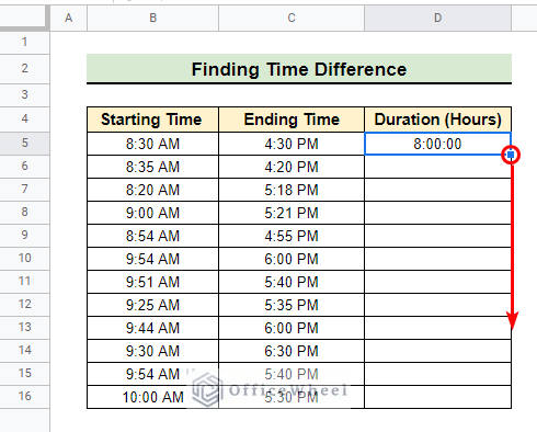 Use of hill handle to get time difference in Google Sheets
