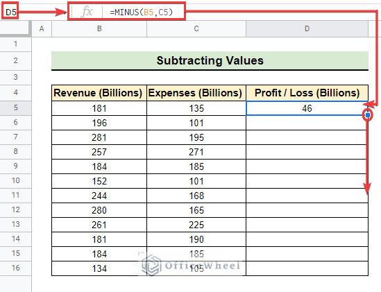 Use of hill handle to get subtracting values in Google Sheets