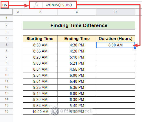 Calculated time difference in the selected cell