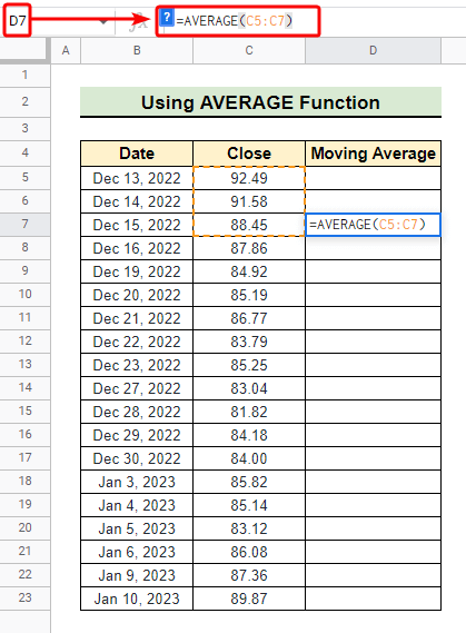 AVERAGE function to find moving average