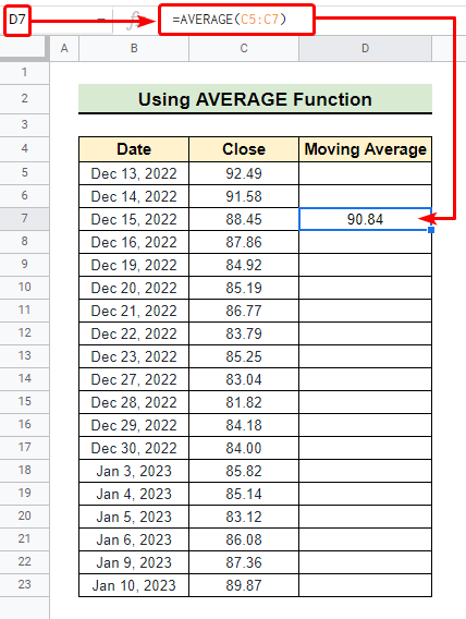 Three days moving average using AVERAGE function