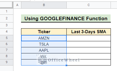 Ticker of few security to find moving average trendline in Google Sheets