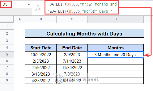 Inserting Formula to Calculate Number of Months between Two Dates in Google Sheets