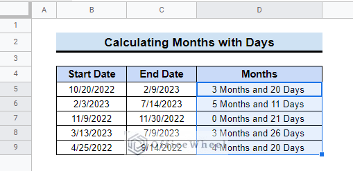 Number of months between two dates in google sheets
