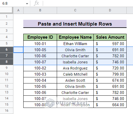 final result after paste and insert multiple rows in google sheets