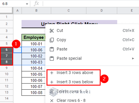 insert rows from right-click menu