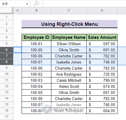result after paste and insert multiple rows in google sheets using right-click menu