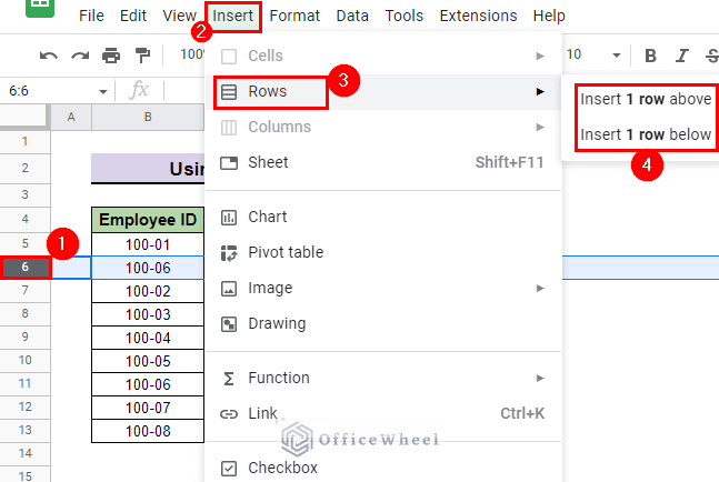 select rows from insert menu to insert row