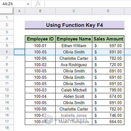 final result after paste and insert row in google sheets using the F4 key