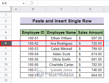 select row to paste