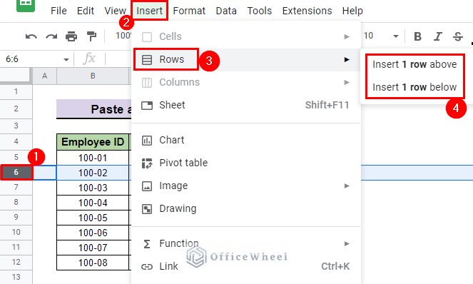 select insert row above from insert menu