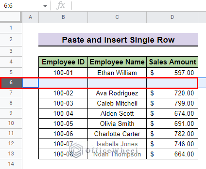 newly inserted row to paste data