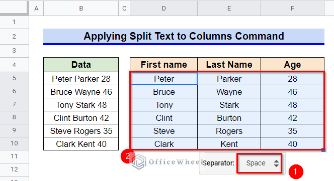 Output After Using Split Text to Columns Command from Data ribbon to Paste Space Separated Values in Google Sheets