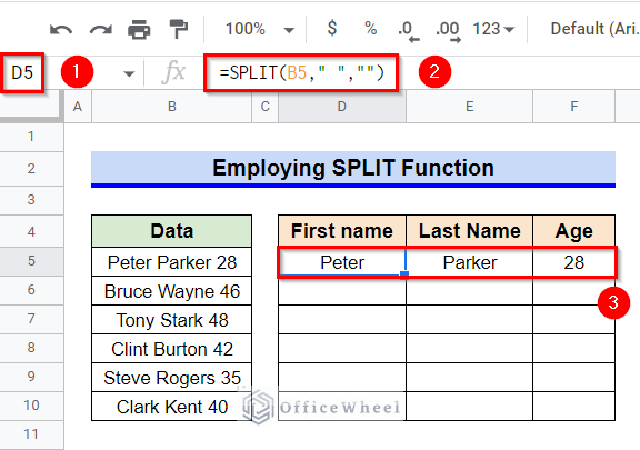 Employing SPLIT Function to Divide Text Around Space Delimiter in Google Sheets