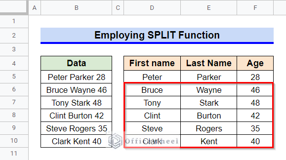 Final Output after Employing SPLIT Function to Divide the Space Separated Values in Google Sheets