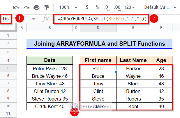 JOining ARRAYFORMULA and SPLIT Functions to Divide Texts Around Space Delimiter in Google Sheets